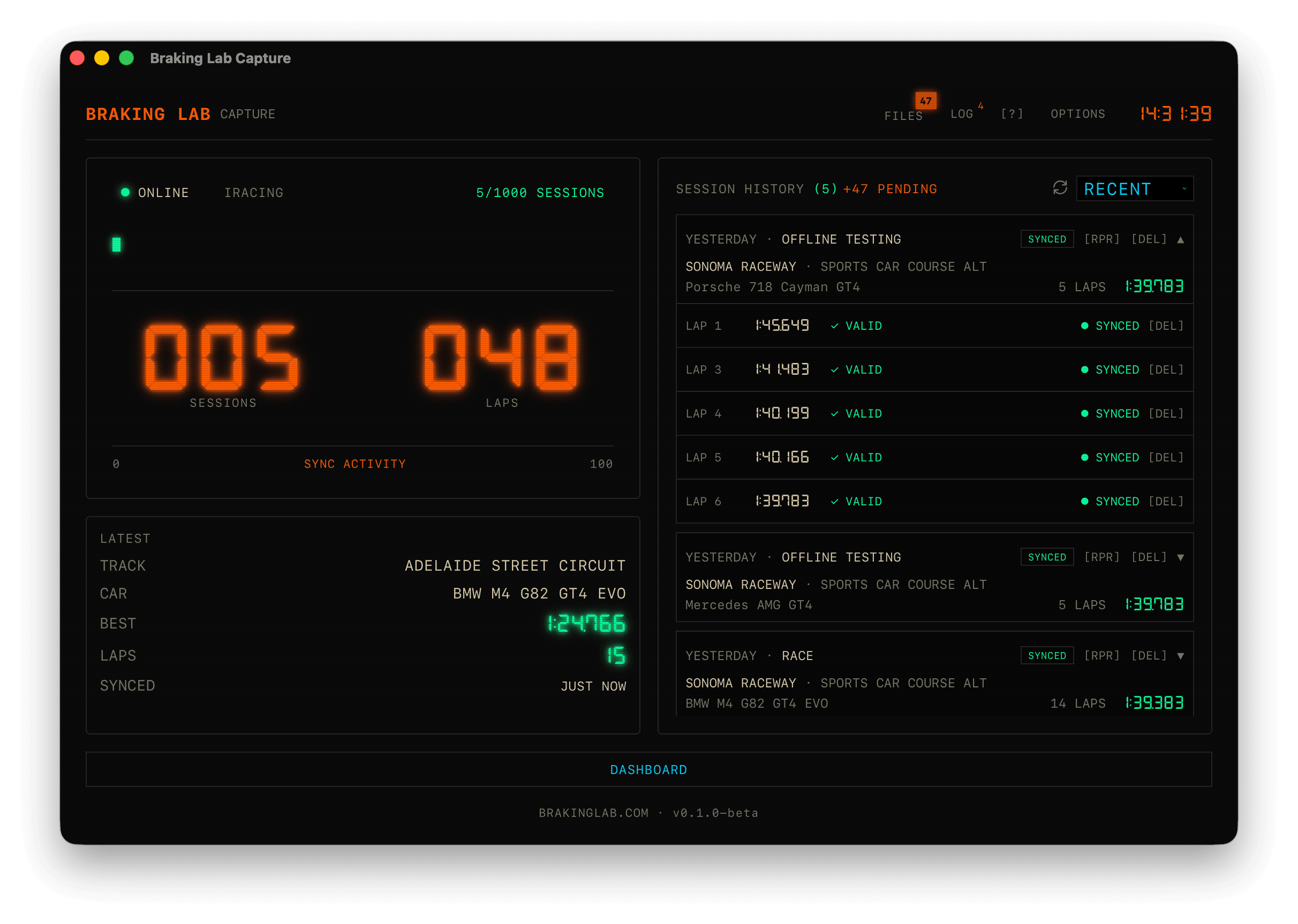 Capture dashboard with session counter and history