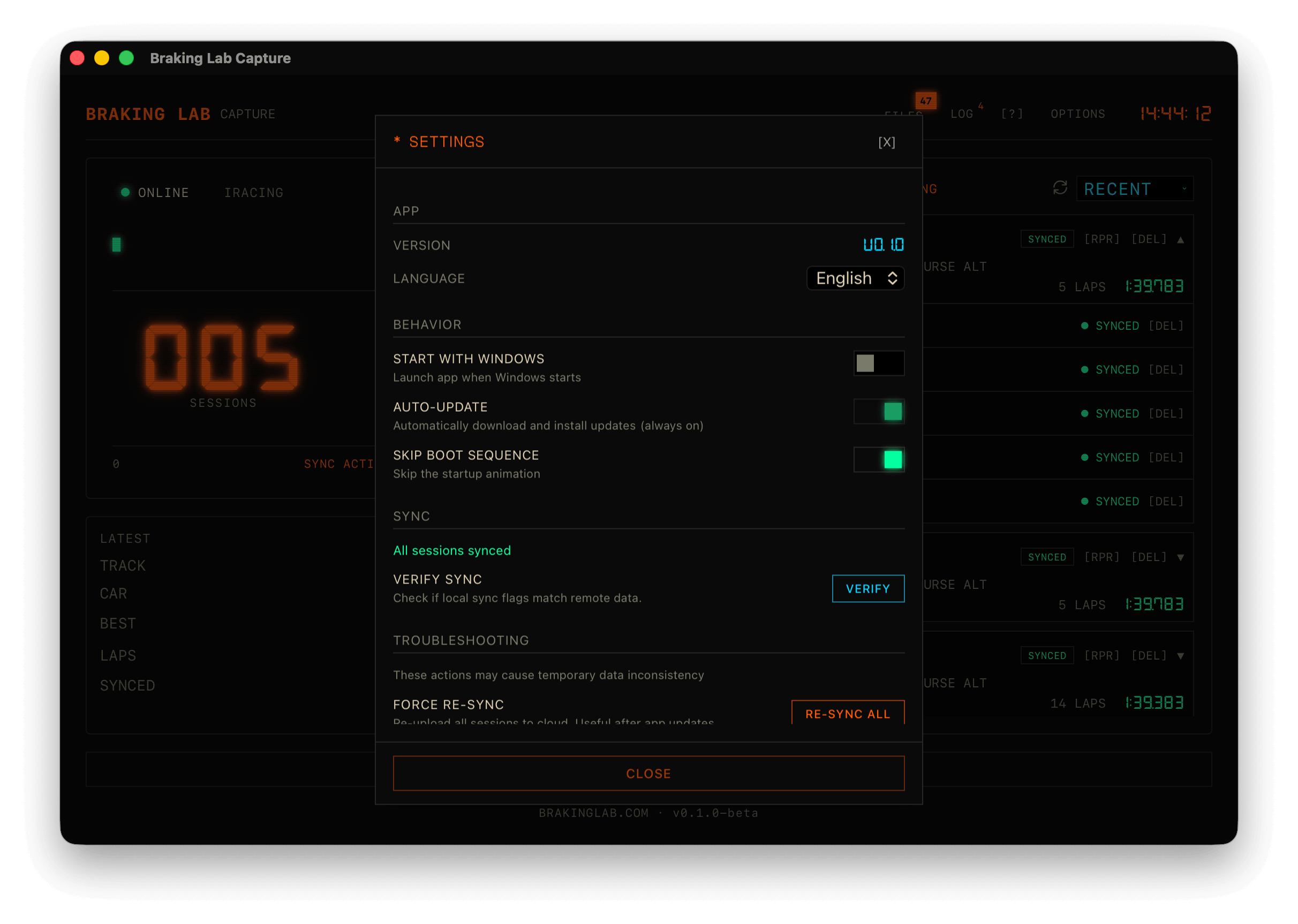 Capture settings panel