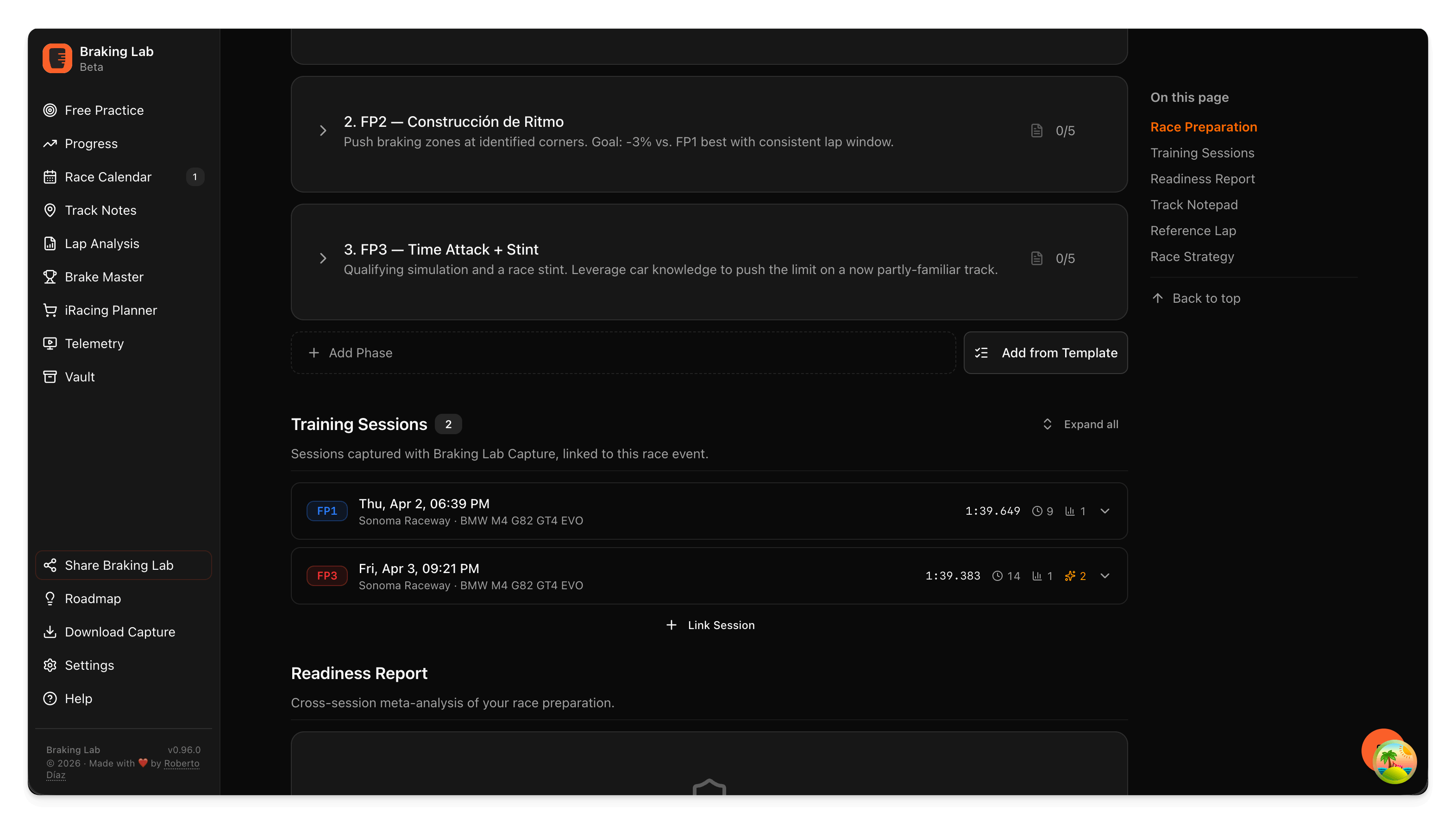 Race preparation with practice phases and linked sessions