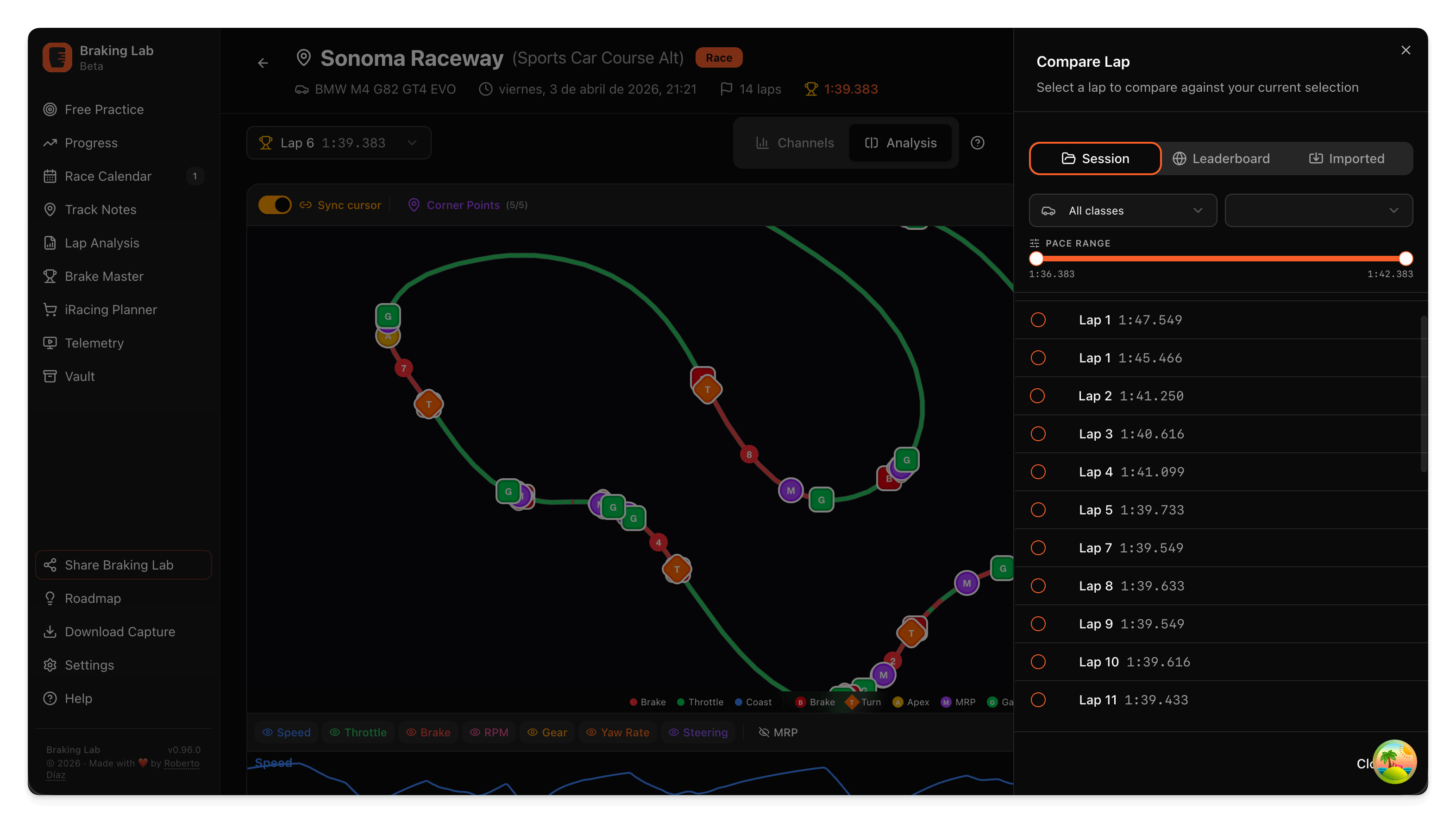 Lap comparison panel with lap list