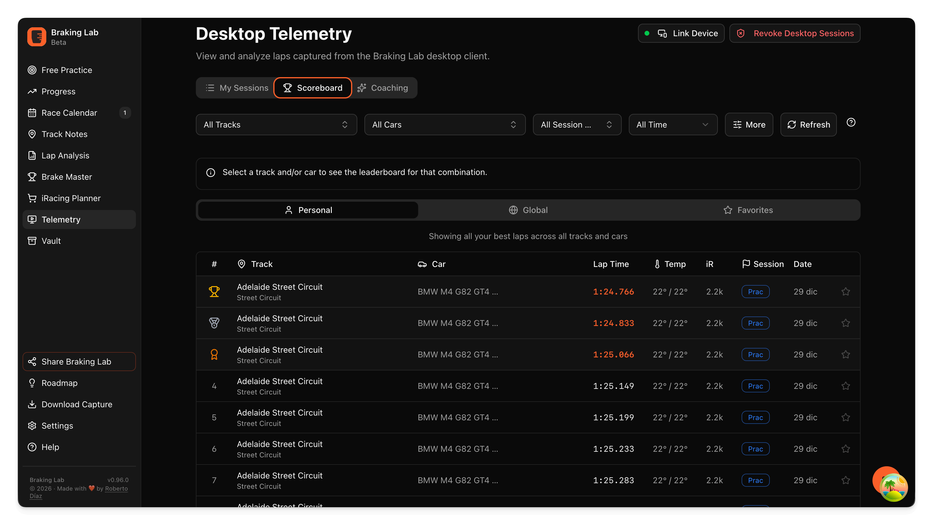 Global scoreboard with lap times